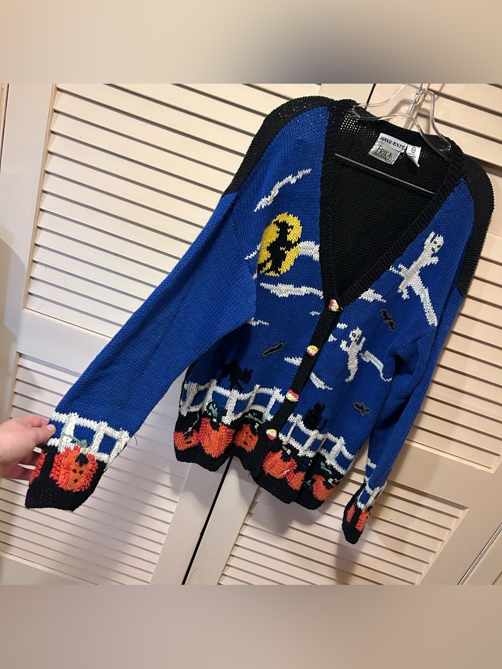 Vintage 90’s Halloween Cardigan Sweater by Erika Hand Knit Ghosts Pumpkins Witch